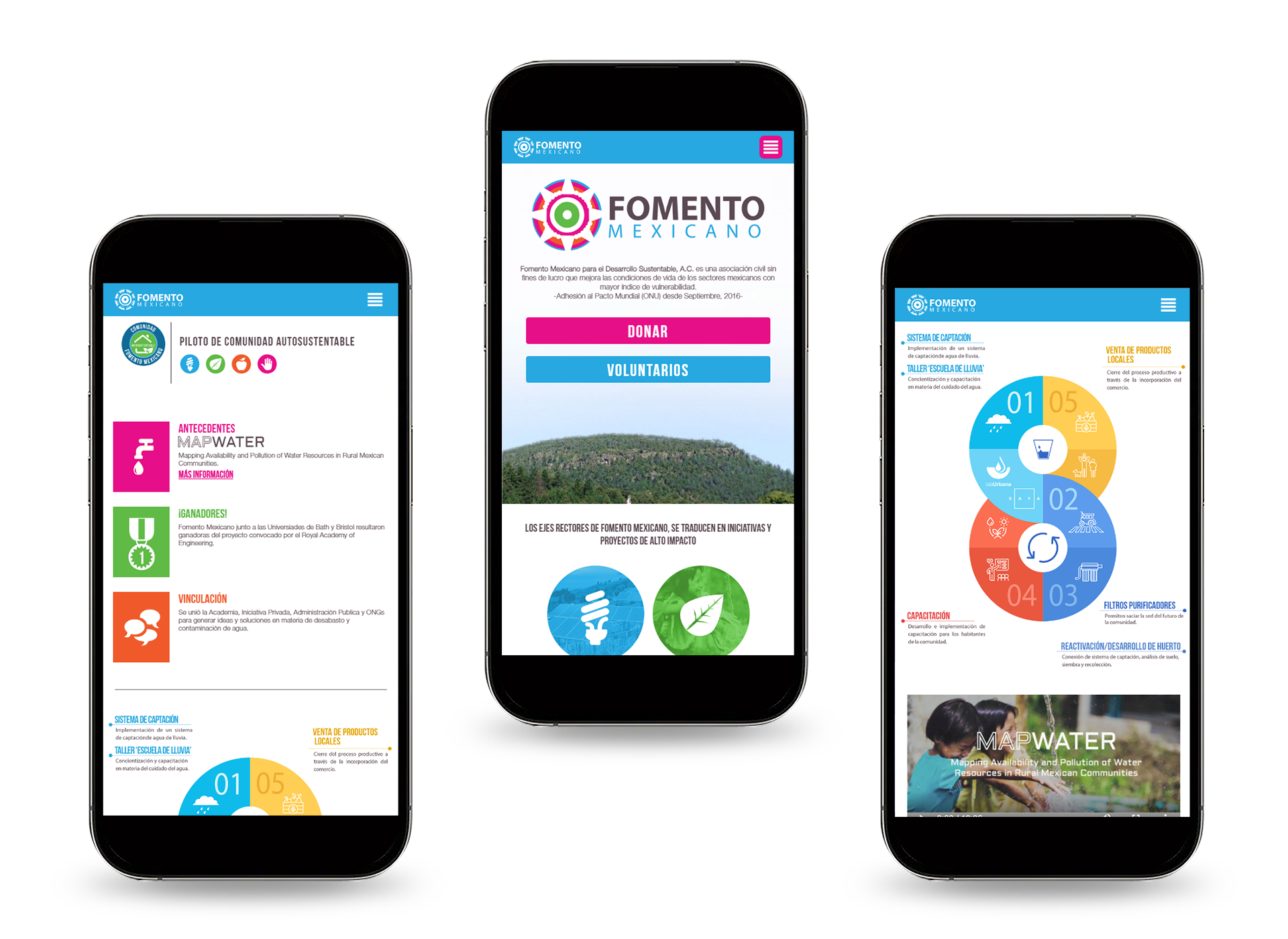 Mobile devices showcasing the website 'Fomento Mexicano'